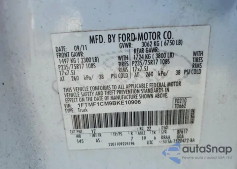 2011 Ford F150 from USA, damaged, VIN 1FTMF1CM9BKE10906